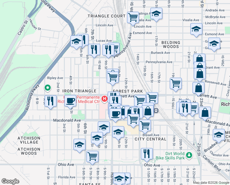 map of restaurants, bars, coffee shops, grocery stores, and more near 1025 Barrett Avenue in Richmond