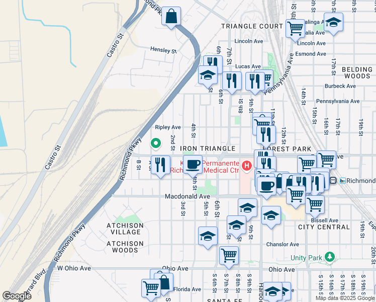 map of restaurants, bars, coffee shops, grocery stores, and more near 520 3rd Street in Richmond