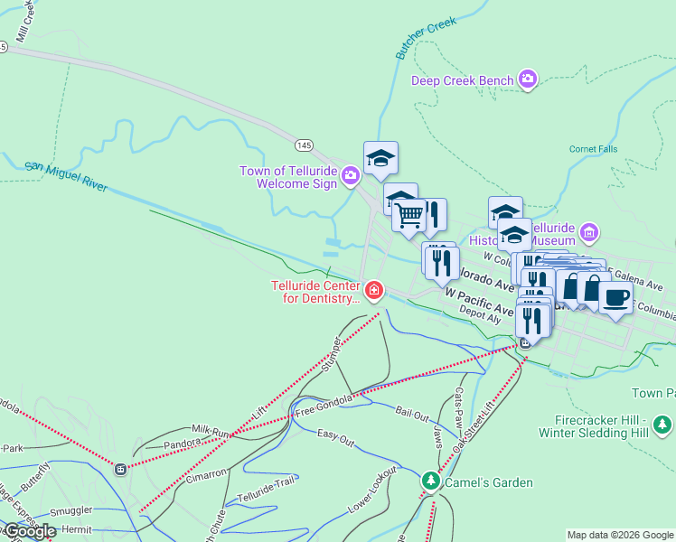 map of restaurants, bars, coffee shops, grocery stores, and more near 228-298 Mahoney Drive in Telluride