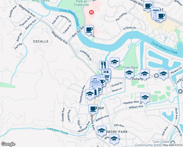 map of restaurants, bars, coffee shops, grocery stores, and more near 647 Magnolia Avenue in Larkspur