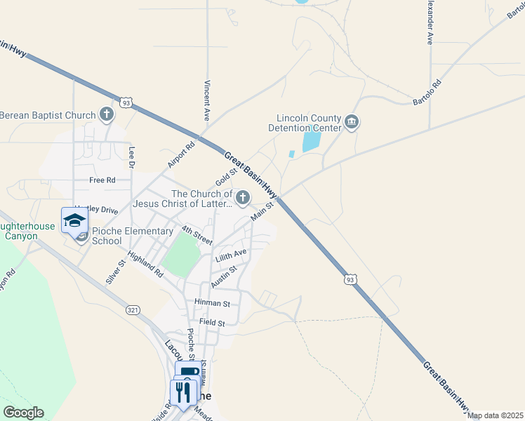 map of restaurants, bars, coffee shops, grocery stores, and more near 1 Main Street in Pioche