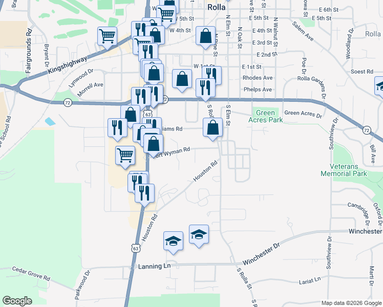 map of restaurants, bars, coffee shops, grocery stores, and more near 320 Fort Wyman Road in Rolla