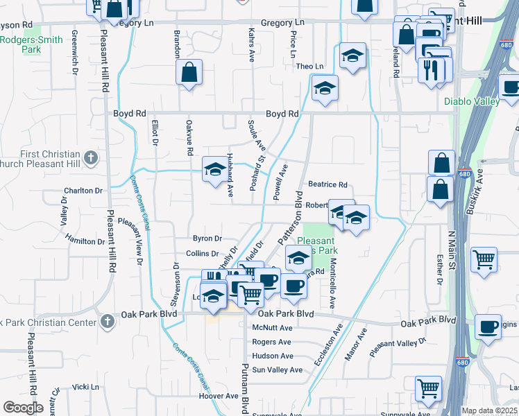 map of restaurants, bars, coffee shops, grocery stores, and more near 203 Roberta Avenue in Pleasant Hill