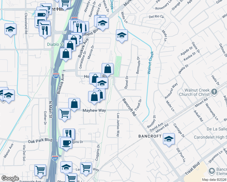 map of restaurants, bars, coffee shops, grocery stores, and more near 1000 Bancroft Road in Concord