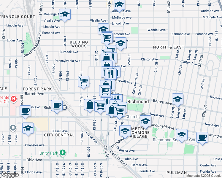 map of restaurants, bars, coffee shops, grocery stores, and more near 550 23rd Street in Richmond
