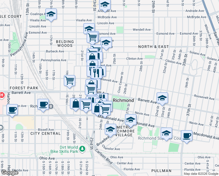map of restaurants, bars, coffee shops, grocery stores, and more near 540 24th Street in Richmond