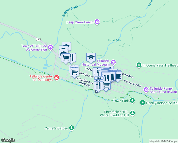 map of restaurants, bars, coffee shops, grocery stores, and more near 513 West Columbia Avenue in Telluride