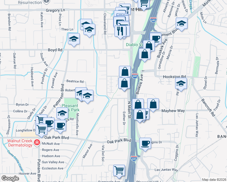 map of restaurants, bars, coffee shops, grocery stores, and more near 54 Picasso Court in Pleasant Hill