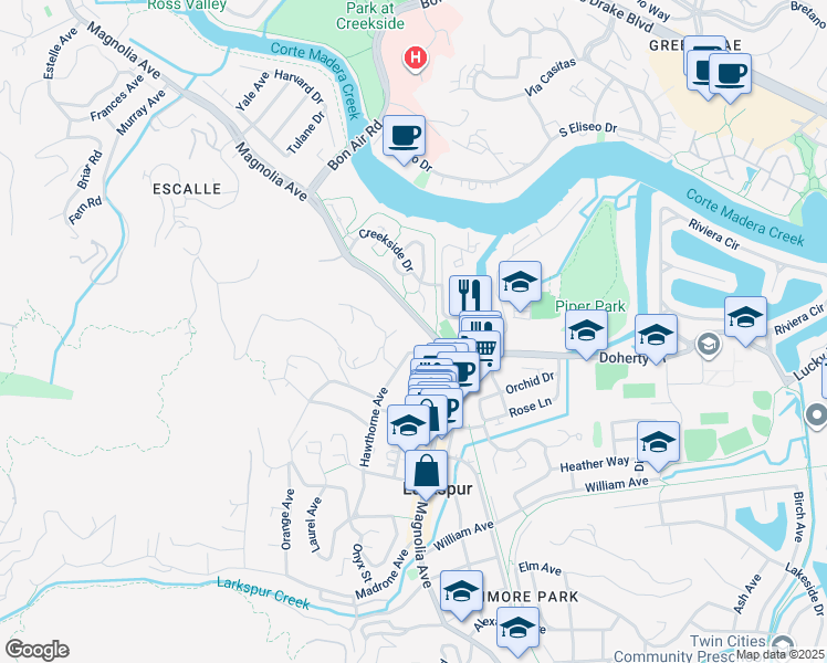 map of restaurants, bars, coffee shops, grocery stores, and more near 647 Magnolia Avenue in Larkspur