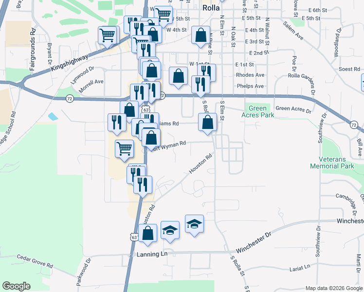 map of restaurants, bars, coffee shops, grocery stores, and more near 404 Fort Wyman Road in Rolla