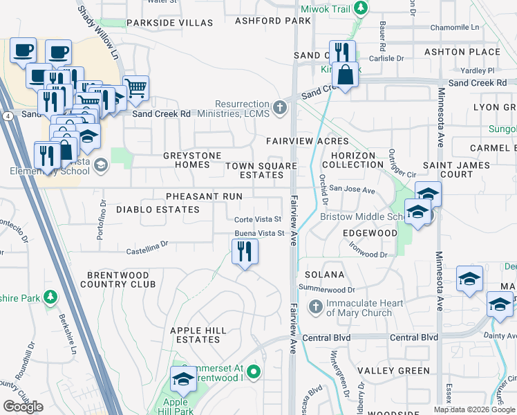map of restaurants, bars, coffee shops, grocery stores, and more near 1732 Corte Vista Street in Brentwood