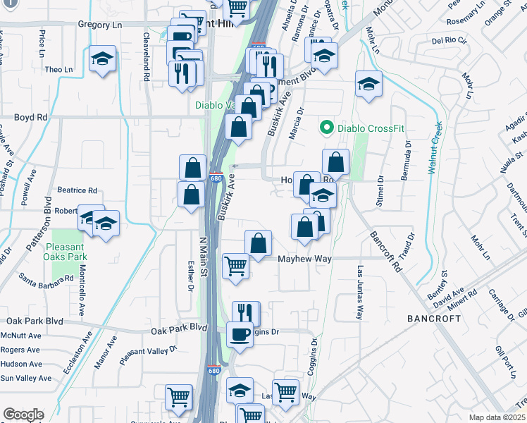 map of restaurants, bars, coffee shops, grocery stores, and more near 34 Oak Gate Place in Pleasant Hill