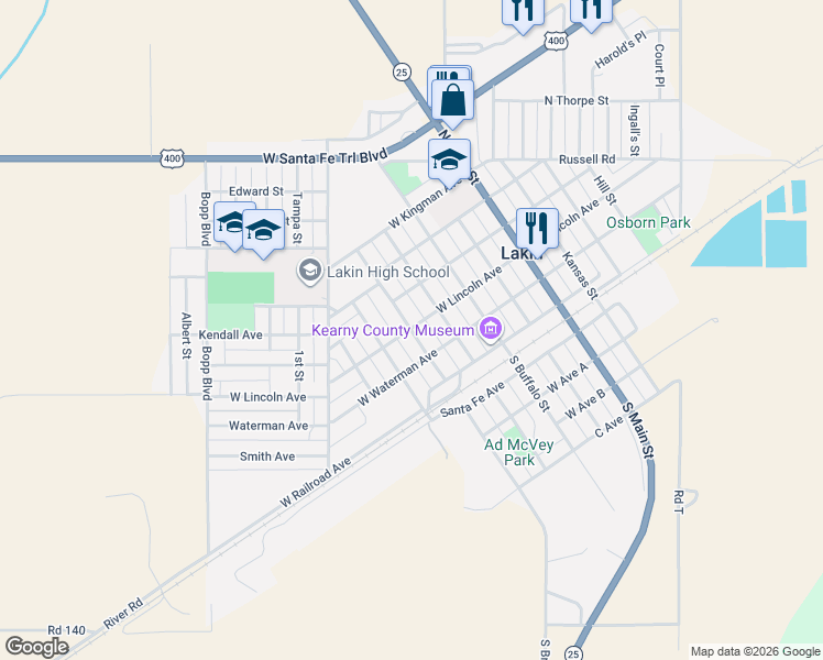map of restaurants, bars, coffee shops, grocery stores, and more near 201 North Hamilton Street in Lakin