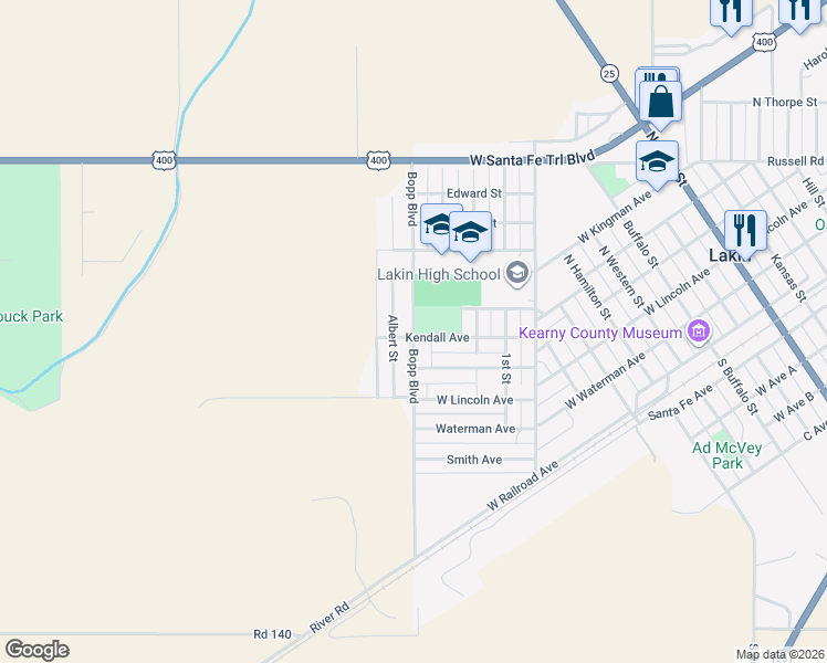 map of restaurants, bars, coffee shops, grocery stores, and more near Bopp Boulevard in Lakin