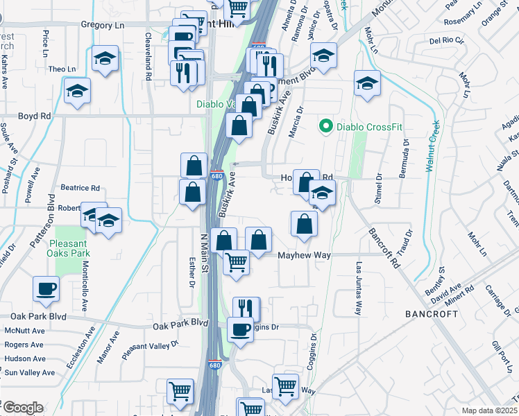 map of restaurants, bars, coffee shops, grocery stores, and more near 3478 Buskirk Avenue in Pleasant Hill