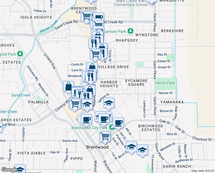 map of restaurants, bars, coffee shops, grocery stores, and more near 100 Pelican Street in Brentwood