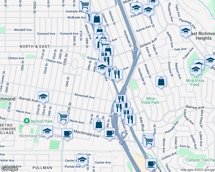 map of restaurants, bars, coffee shops, grocery stores, and more near 645 43rd Street in Richmond