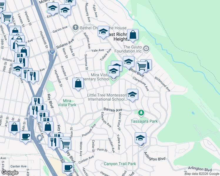 map of restaurants, bars, coffee shops, grocery stores, and more near 5880 Hazel Avenue in Richmond