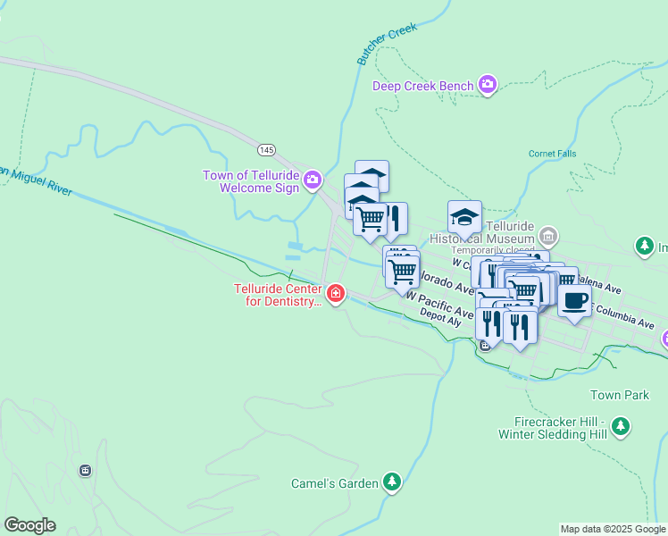 map of restaurants, bars, coffee shops, grocery stores, and more near 228 Mahoney Drive in Telluride