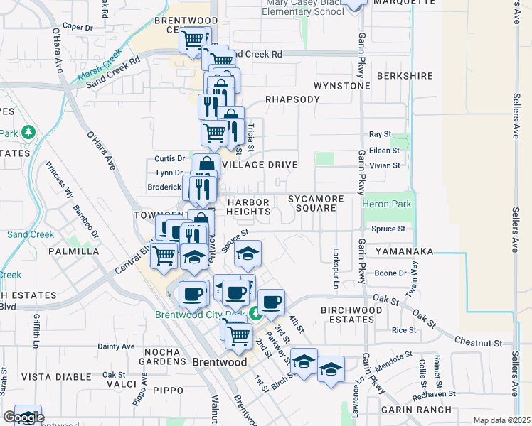map of restaurants, bars, coffee shops, grocery stores, and more near 128 Kingfisher Street in Brentwood