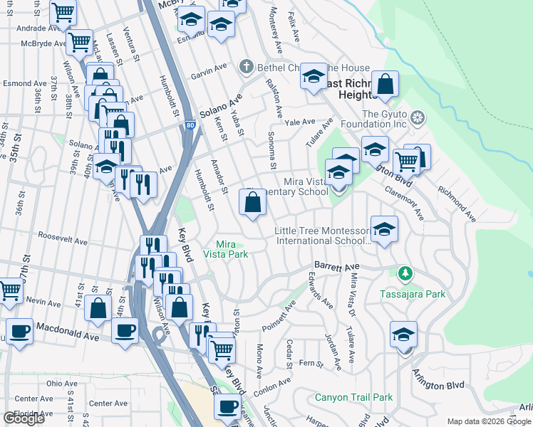 map of restaurants, bars, coffee shops, grocery stores, and more near 632 Yuba Street in Richmond
