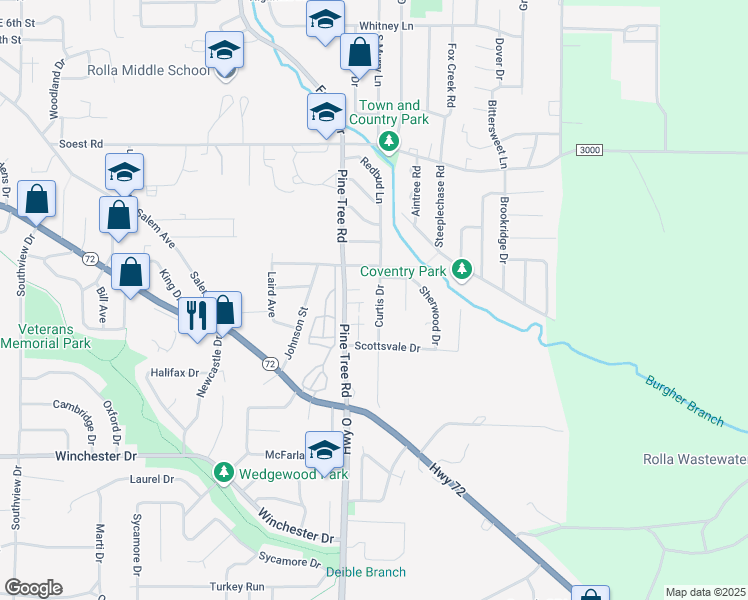 map of restaurants, bars, coffee shops, grocery stores, and more near 502 Canterbury Court in Rolla