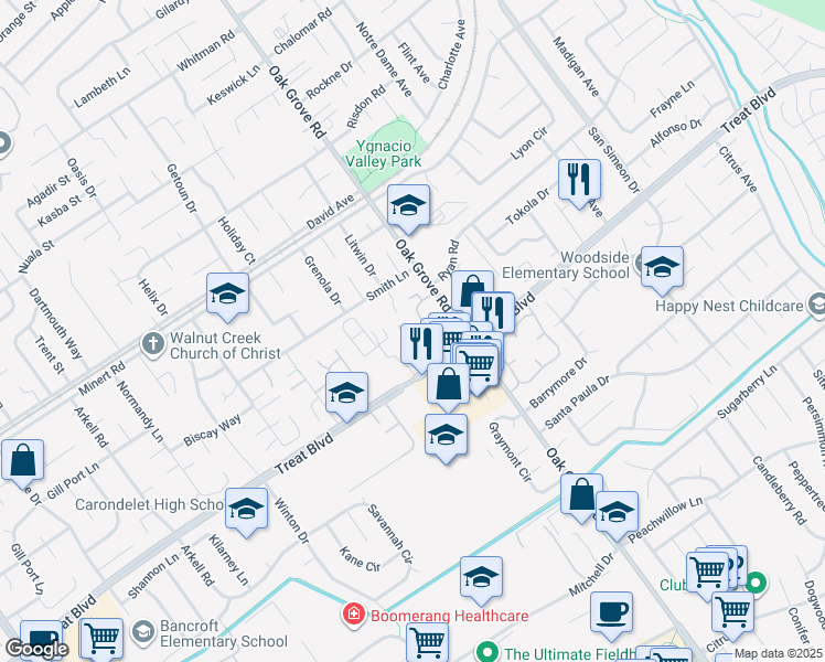 map of restaurants, bars, coffee shops, grocery stores, and more near 825 Oak Grove Road in Concord