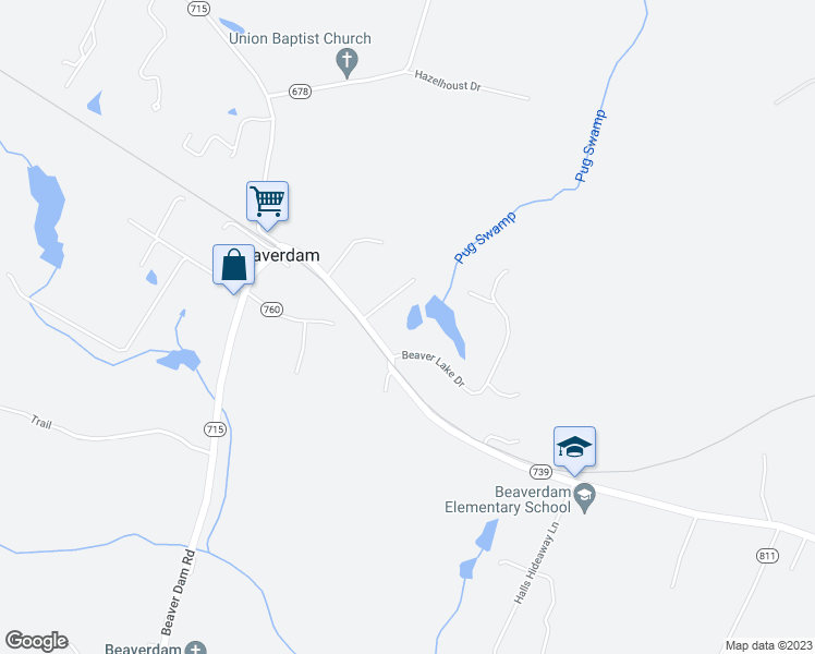 map of restaurants, bars, coffee shops, grocery stores, and more near 16124 Beaverdam School Road in Beaverdam