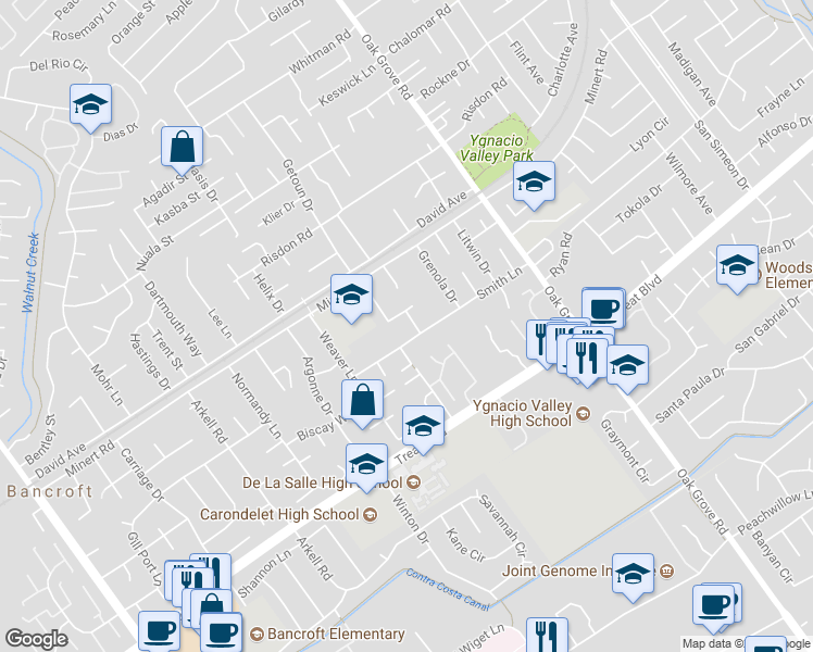 map of restaurants, bars, coffee shops, grocery stores, and more near 855 Brittany Lane in Concord
