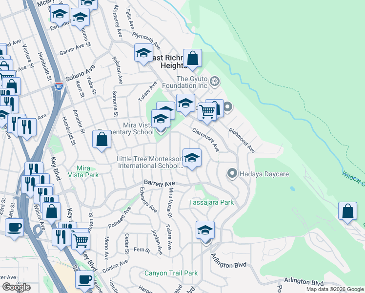 map of restaurants, bars, coffee shops, grocery stores, and more near 1909 Francisco Way in Richmond