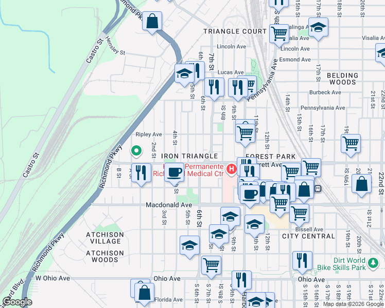 map of restaurants, bars, coffee shops, grocery stores, and more near 532 5th Street in Richmond