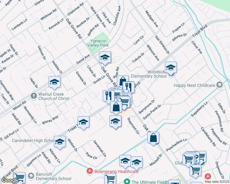 map of restaurants, bars, coffee shops, grocery stores, and more near 825 Oak Grove Road in Concord