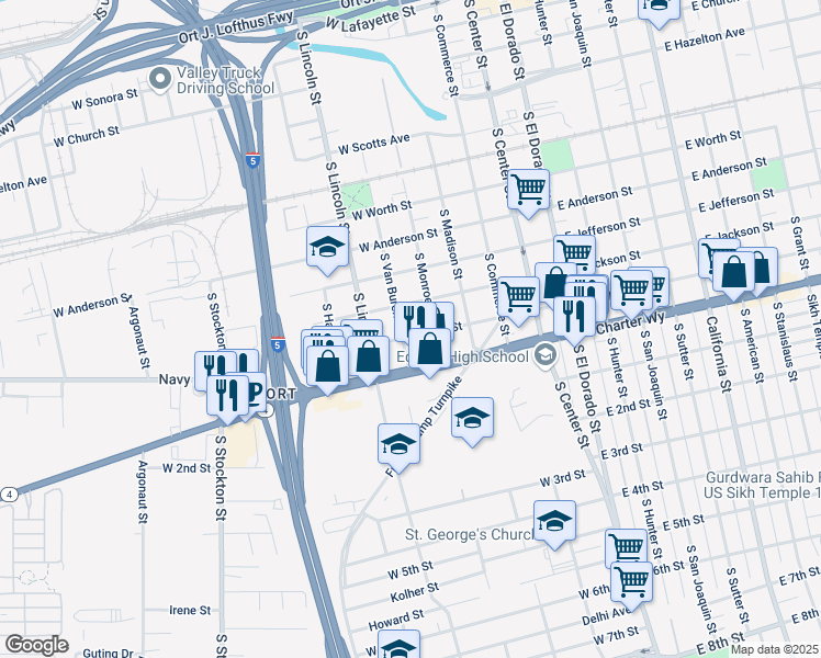 map of restaurants, bars, coffee shops, grocery stores, and more near 345 West Clay Street in Stockton