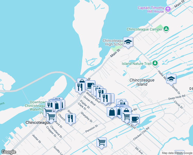 map of restaurants, bars, coffee shops, grocery stores, and more near 4402 Main Street in Chincoteague Island