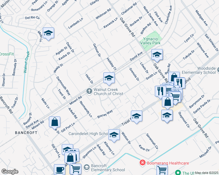 map of restaurants, bars, coffee shops, grocery stores, and more near 2050 Minert Road in Concord