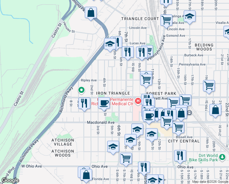 map of restaurants, bars, coffee shops, grocery stores, and more near 532 5th Street in Richmond