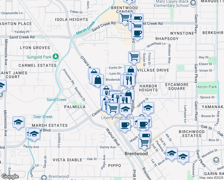 map of restaurants, bars, coffee shops, grocery stores, and more near 1275 Central Boulevard in Brentwood