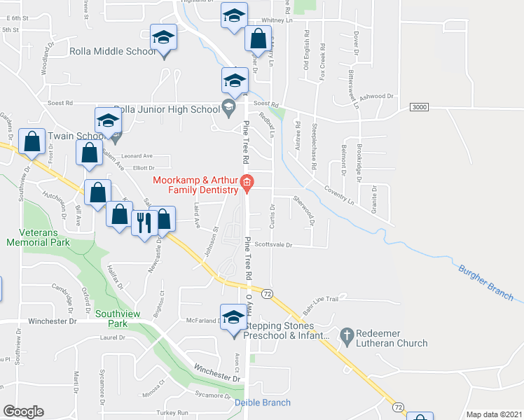 map of restaurants, bars, coffee shops, grocery stores, and more near 502 Canterbury Court in Rolla