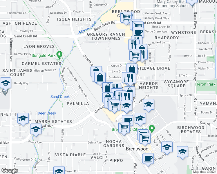 map of restaurants, bars, coffee shops, grocery stores, and more near in Brentwood