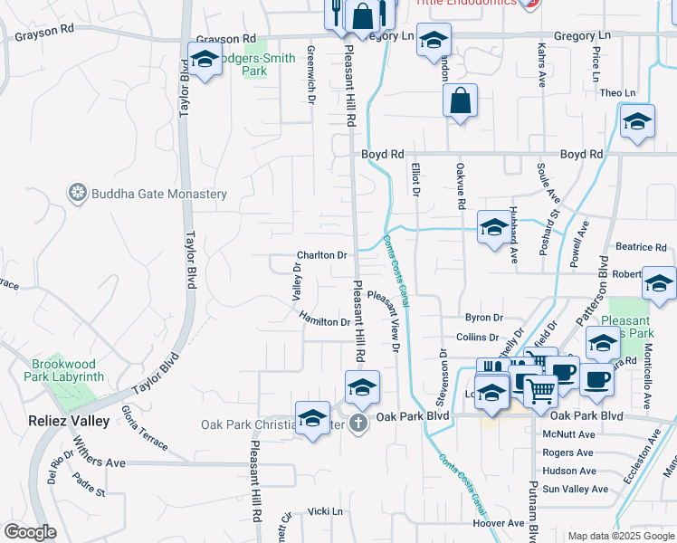 map of restaurants, bars, coffee shops, grocery stores, and more near 725 Charlton Drive in Pleasant Hill