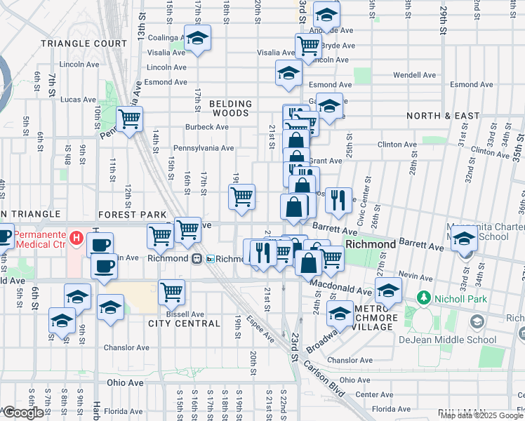 map of restaurants, bars, coffee shops, grocery stores, and more near 560 20th Street in Richmond