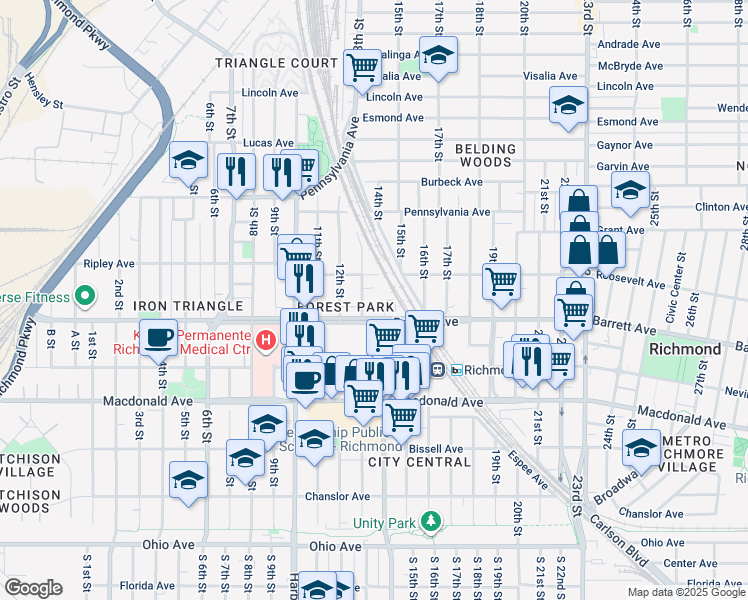 map of restaurants, bars, coffee shops, grocery stores, and more near 525 Marina Way in Richmond