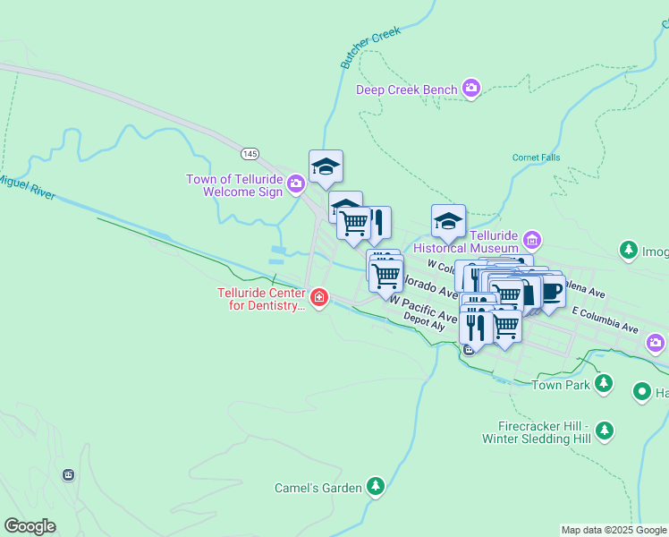 map of restaurants, bars, coffee shops, grocery stores, and more near 747 West Pacific Avenue in Telluride