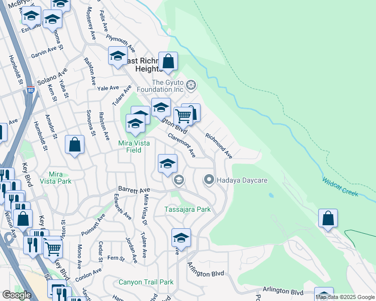 map of restaurants, bars, coffee shops, grocery stores, and more near 6532 Claremont Avenue in Richmond