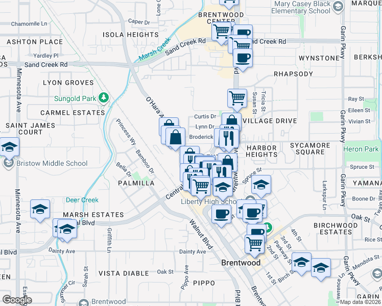 map of restaurants, bars, coffee shops, grocery stores, and more near in Brentwood