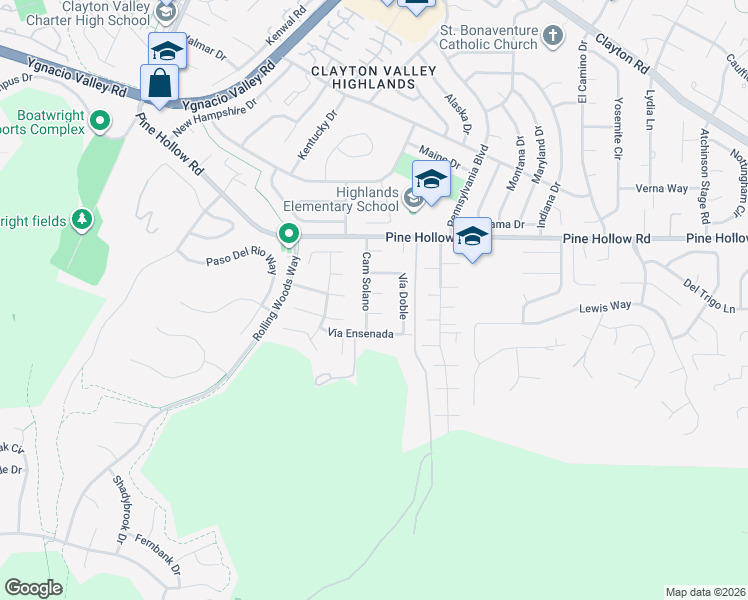 map of restaurants, bars, coffee shops, grocery stores, and more near 5563 Plaza Encina in Concord