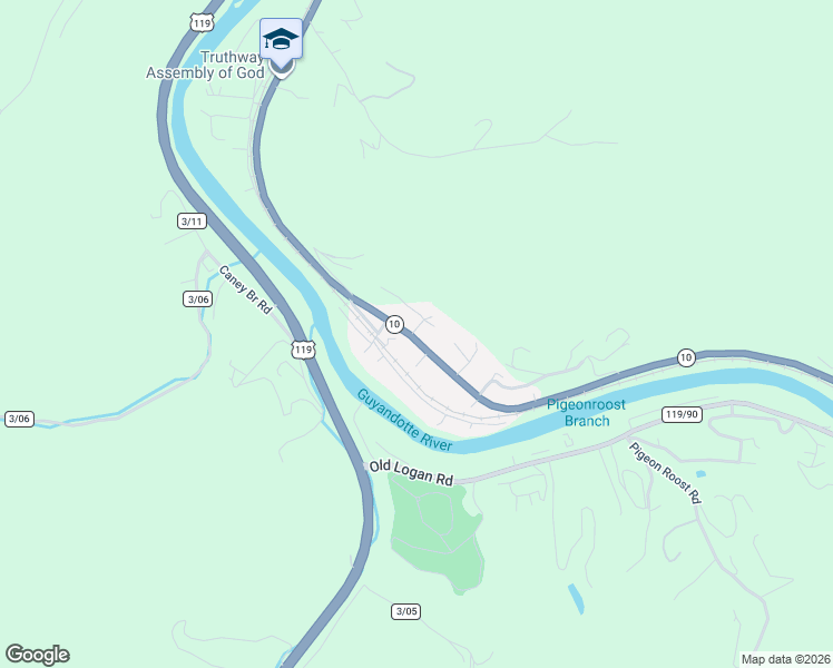 map of restaurants, bars, coffee shops, grocery stores, and more near Honeysuckle Lane in Chapmanville