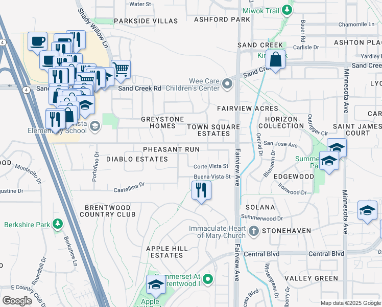 map of restaurants, bars, coffee shops, grocery stores, and more near 1799 Corte Vista Street in Brentwood