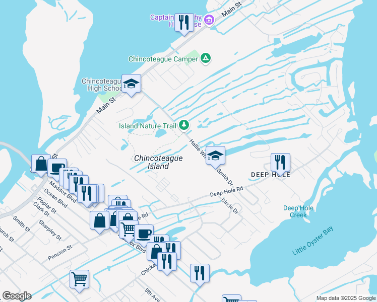 map of restaurants, bars, coffee shops, grocery stores, and more near 4586 Main Street in Chincoteague Island