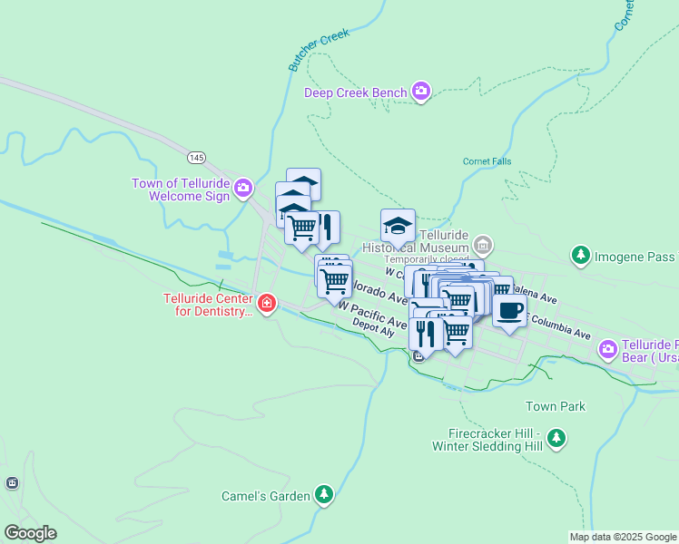 map of restaurants, bars, coffee shops, grocery stores, and more near 576 West Columbia Avenue in Telluride